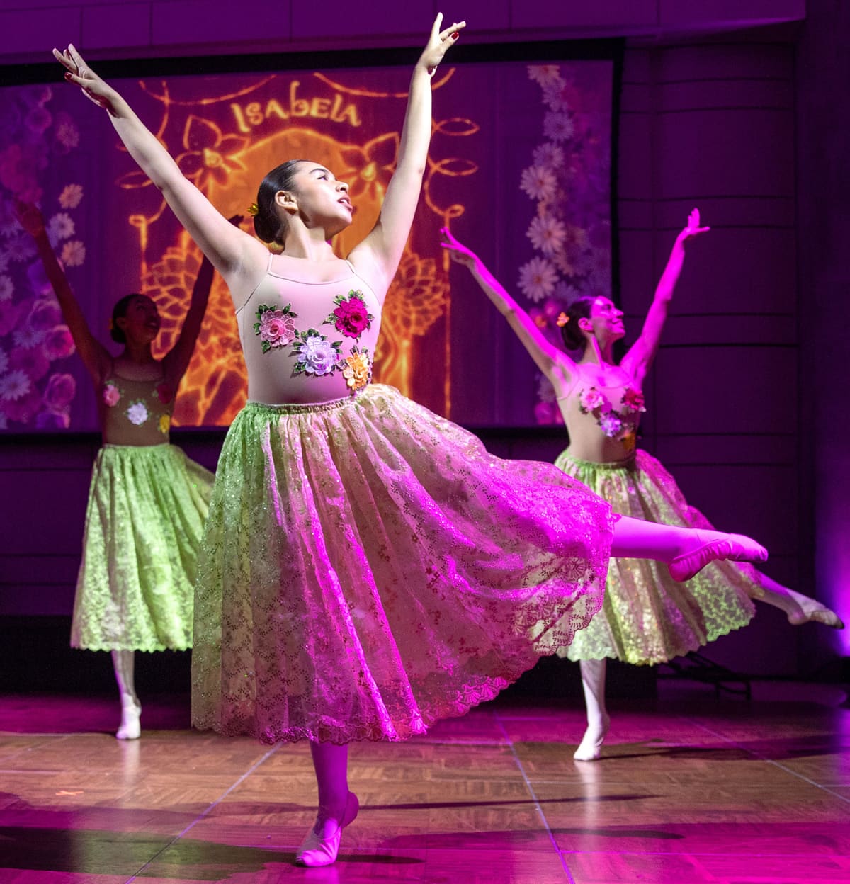 Young dancers in floral costumes performing ballet on stage