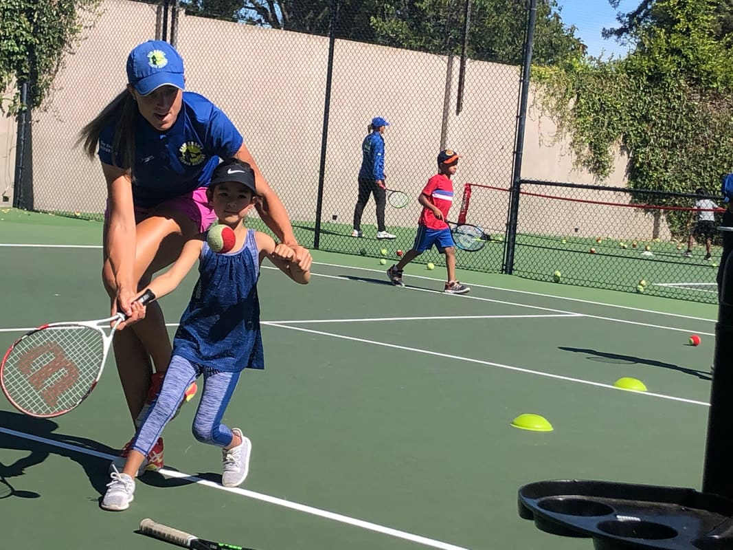 A coach helps a young player with a forehand on a court